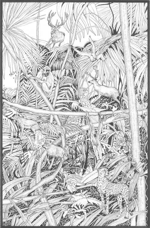 Eine Zeichnung aus dem Kinderbuch "Malon Meerpol - Mayapán", die vor Details nur so strotzt.
